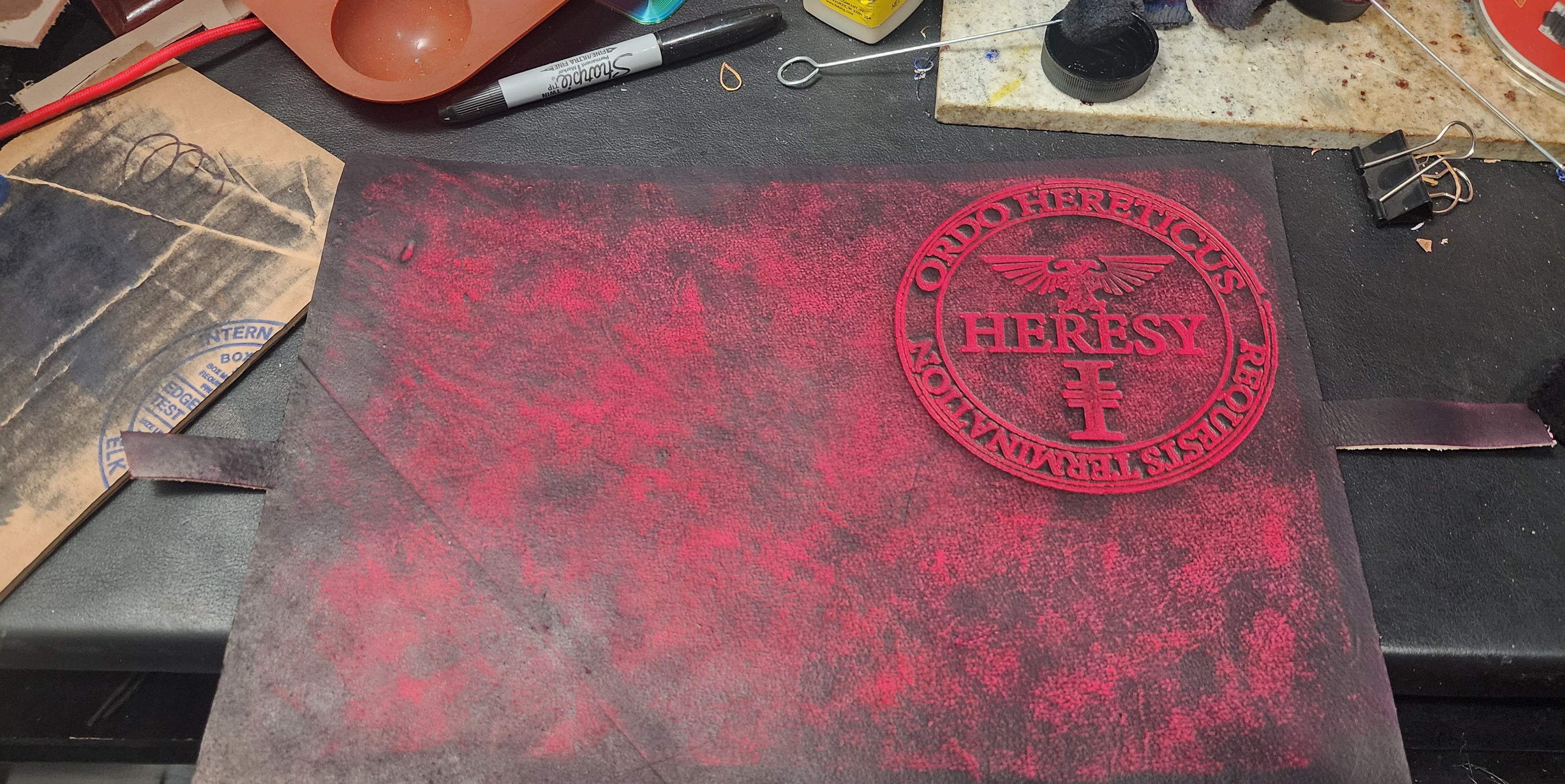 Red and black custom leather panel by Horizon Creations