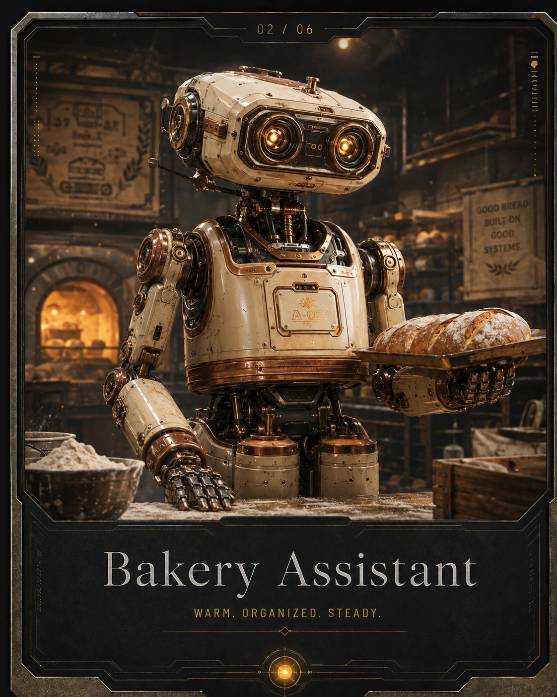 Bakery Assistant: Warm. Organized. Steady. A premium science-fiction robotic assistant in its working environment.