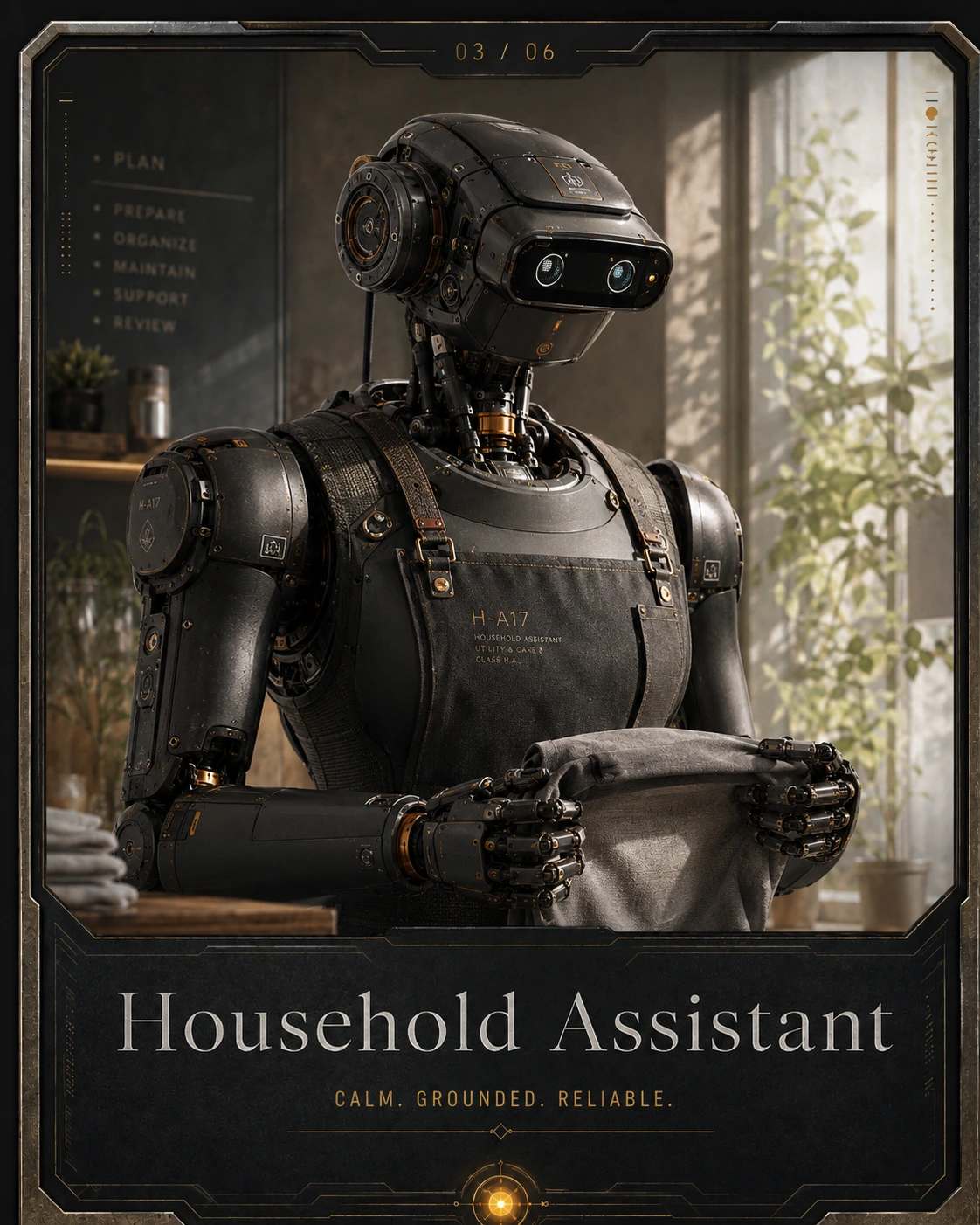 Household Assistant: Calm. Grounded. Reliable. A premium science-fiction robotic assistant in its working environment.