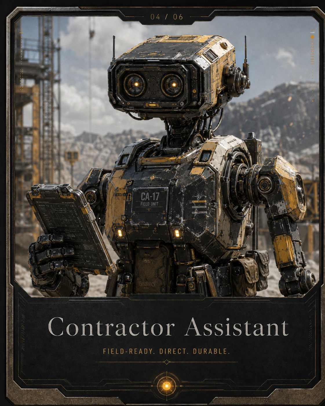 Contractor Assistant: Field-ready. Direct. Durable. A premium science-fiction robotic assistant in its working environment.