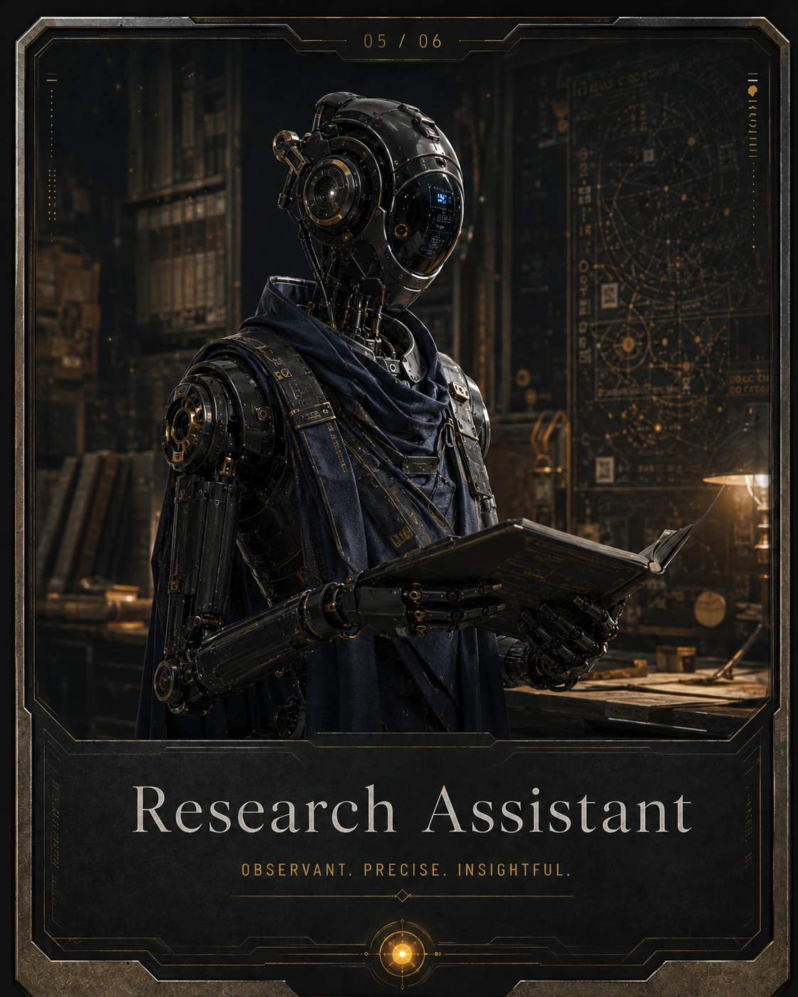 Research Assistant: Observant. Precise. Insightful. A premium science-fiction robotic assistant in its working environment.