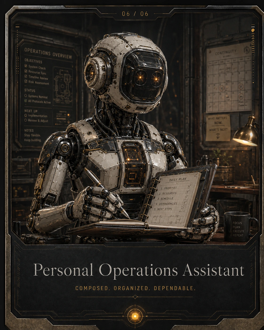 Personal Operations Assistant: Composed. Organized. Dependable. A premium science-fiction robotic assistant in its working environment.